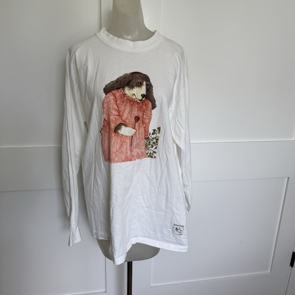 Bottman Design Tops - Womens Bottman  Design Long Sleeve White T Shirt Dog With Flower Size Large